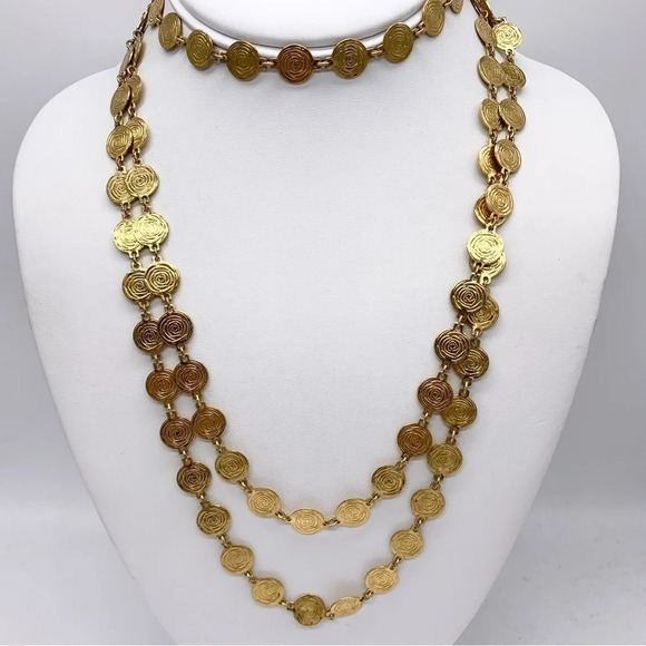 Trifari Vintage Crown Trifari Swirled Gold Coin Opera Length Necklace 54”